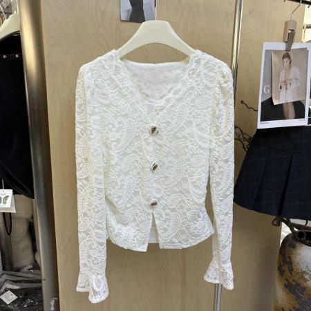 FA41963# 秋季新款韩版时尚V领长袖蕾丝衬衫女修身显瘦百搭上衣小衫潮 服裝批發女裝批發服飾貨源