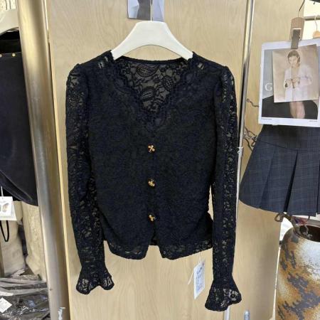 FA41963# 秋季新款韩版时尚V领长袖蕾丝衬衫女修身显瘦百搭上衣小衫潮 服裝批發女裝批發服飾貨源