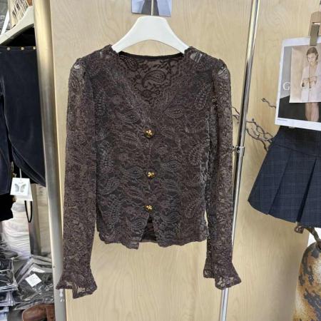 FA41963# 秋季新款韩版时尚V领长袖蕾丝衬衫女修身显瘦百搭上衣小衫潮 服裝批發女裝批發服飾貨源