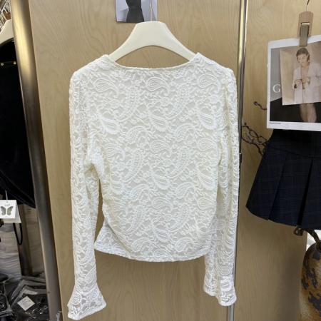 FA41963# 秋季新款韩版时尚V领长袖蕾丝衬衫女修身显瘦百搭上衣小衫潮 服裝批發女裝批發服飾貨源