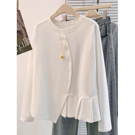 FA41965# 原版面料特大码300斤秋季新款简约百搭设计感不规则长袖T恤上衣女 服裝批發女裝批發服飾貨源