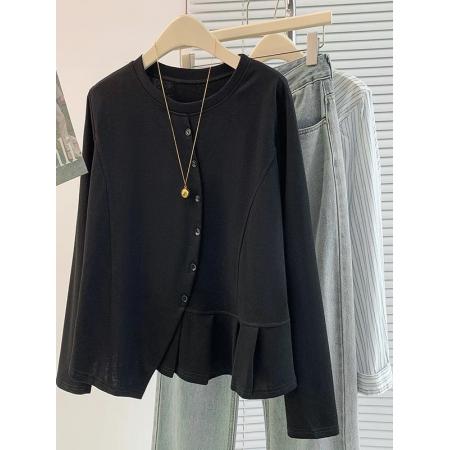 FA41965# 原版面料特大码300斤秋季新款简约百搭设计感不规则长袖T恤上衣女 服裝批發女裝批發服飾貨源