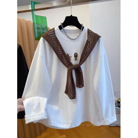 FA41966# 特大码300斤韩版百搭卡通刺绣t恤女长袖带披肩两件套上衣 服裝批發女裝批發服飾貨源