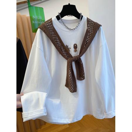 FA41966# 特大码300斤韩版百搭卡通刺绣t恤女长袖带披肩两件套上衣 服裝批發女裝批發服飾貨源