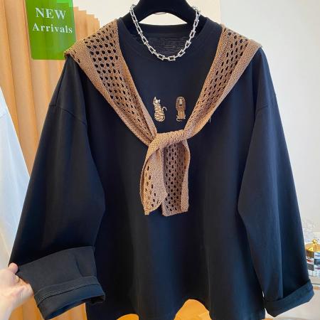 FA41966# 特大码300斤韩版百搭卡通刺绣t恤女长袖带披肩两件套上衣 服裝批發女裝批發服飾貨源