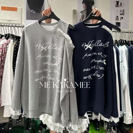 FA41967# 大码300斤设计感卫衣长袖女韩系风秋季露肩花边拼接字母蝴蝶结潮 服裝批發女裝批發服飾貨源