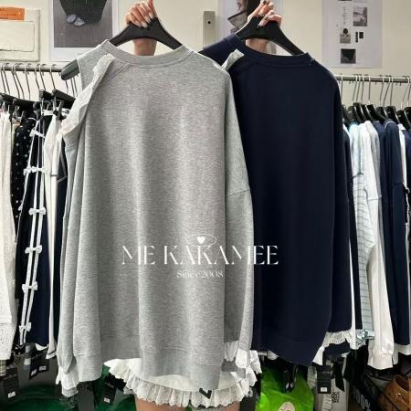 FA41967# 大码300斤设计感卫衣长袖女韩系风秋季露肩花边拼接字母蝴蝶结潮 服裝批發女裝批發服飾貨源