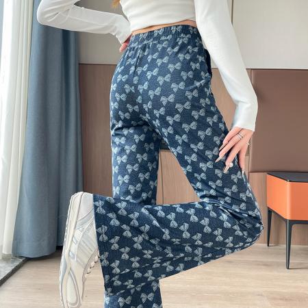 FA41968# 秋季复古弹力修身微喇蝴蝶结印花休闲裤女独特气质收腰喇叭长裤 服裝批發女裝批發服飾貨源