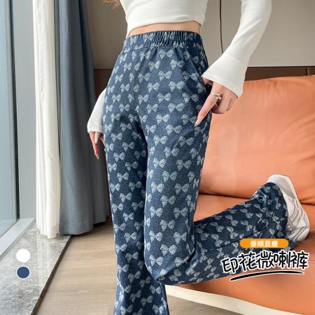 FA41968# 秋季复古弹力修身微喇蝴蝶结印花休闲裤女独特气质收腰喇叭长裤 服裝批發女裝批發服飾貨源