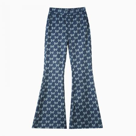 FA41968# 秋季复古弹力修身微喇蝴蝶结印花休闲裤女独特气质收腰喇叭长裤 服裝批發女裝批發服飾貨源