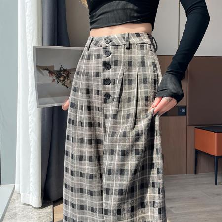 FA41969# 秋冬新款复古格子阔腿裤女韩系休闲裤宽松慵懒显瘦格纹拖地裤子 服裝批發女裝批發服飾貨源