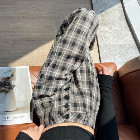 FA41969# 秋冬新款复古格子阔腿裤女韩系休闲裤宽松慵懒显瘦格纹拖地裤子 服裝批發女裝批發服飾貨源