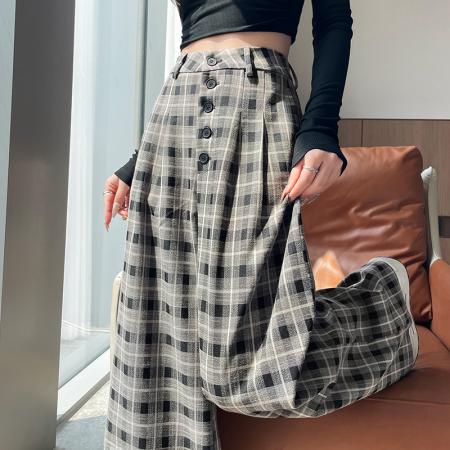 FA41969# 秋冬新款复古格子阔腿裤女韩系休闲裤宽松慵懒显瘦格纹拖地裤子 服裝批發女裝批發服飾貨源