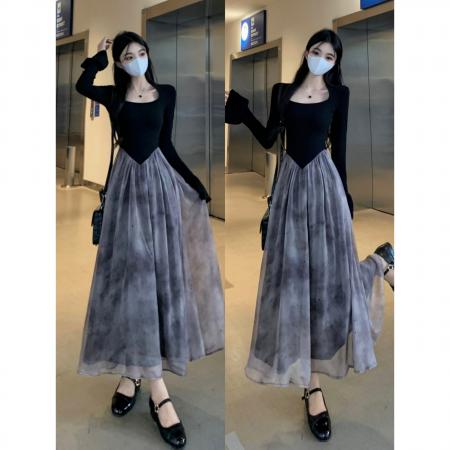 FA41971# 复古方领连衣裙子秋新款法式赫本风网纱拼接中长款连衣裙 服裝批發女裝批發服飾貨源