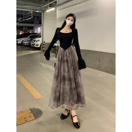 FA41971# 复古方领连衣裙子秋新款法式赫本风网纱拼接中长款连衣裙 服裝批發女裝批發服飾貨源