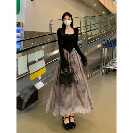 FA41971# 复古方领连衣裙子秋新款法式赫本风网纱拼接中长款连衣裙 服裝批發女裝批發服飾貨源