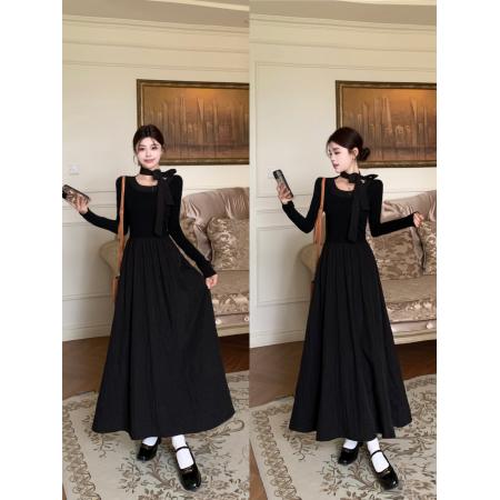 FA41973# 韩系大圆领温柔气质长袖显瘦中长款黑色蝴蝶结连衣裙 服裝批發女裝批發服飾貨源
