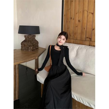 FA41973# 韩系大圆领温柔气质长袖显瘦中长款黑色蝴蝶结连衣裙 服裝批發女裝批發服飾貨源