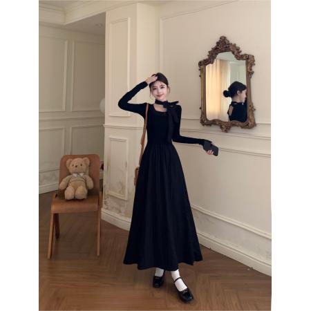 FA41973# 韩系大圆领温柔气质长袖显瘦中长款黑色蝴蝶结连衣裙 服裝批發女裝批發服飾貨源