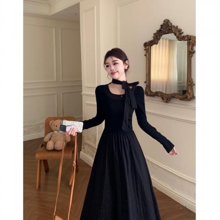 FA41973# 韩系大圆领温柔气质长袖显瘦中长款黑色蝴蝶结连衣裙 服裝批發女裝批發服飾貨源