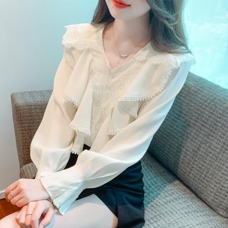 FA41974# 秋季新款荷叶边气质V领小衫女小众别致蕾丝长袖打底衫 服裝批發女裝批發服飾貨源