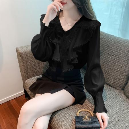 FA41974# 秋季新款荷叶边气质V领小衫女小众别致蕾丝长袖打底衫 服裝批發女裝批發服飾貨源