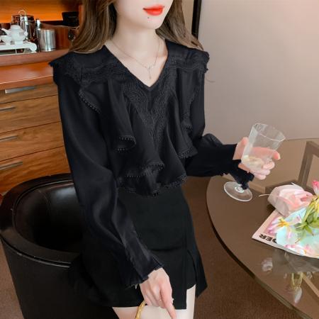 FA41974# 秋季新款荷叶边气质V领小衫女小众别致蕾丝长袖打底衫 服裝批發女裝批發服飾貨源
