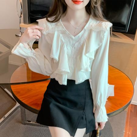 FA41974# 秋季新款荷叶边气质V领小衫女小众别致蕾丝长袖打底衫 服裝批發女裝批發服飾貨源