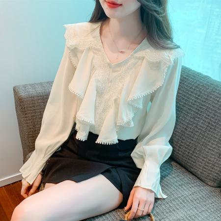 FA41974# 秋季新款荷叶边气质V领小衫女小众别致蕾丝长袖打底衫 服裝批發女裝批發服飾貨源