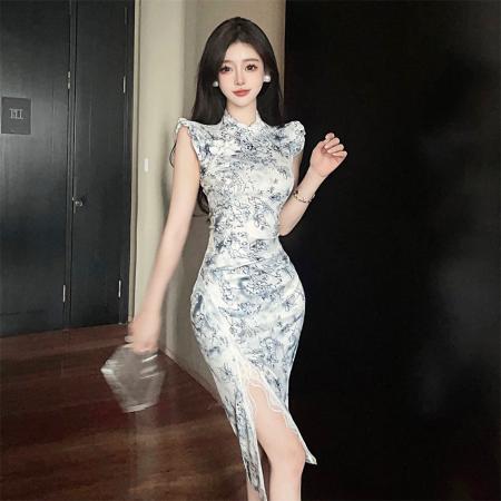 FA41981# 新款改良蕾丝拼接开叉修身显瘦连衣裙 服裝批發女裝批發服飾貨源