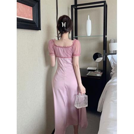 FA41984# 夏装新款复古方领紫粉纱拼接公主袖收腰连衣裙 服裝批發女裝批發服飾貨源