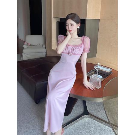 FA41984# 夏装新款复古方领紫粉纱拼接公主袖收腰连衣裙 服裝批發女裝批發服飾貨源