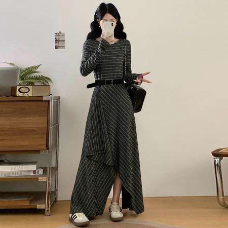 FA41993# 大码女装秋季新款胖mm韩版条纹减龄不规则下摆长款连衣裙 服裝批發女裝批發服飾貨源