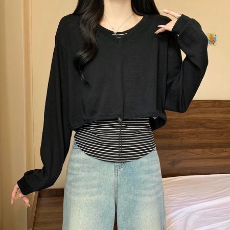 FA41994# 大码女装秋季新款胖mm韩版减龄条纹背心短款抽绳长袖套装 服裝批發女裝批發服飾貨源