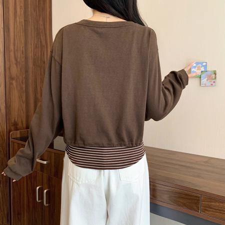FA41994# 大码女装秋季新款胖mm韩版减龄条纹背心短款抽绳长袖套装 服裝批發女裝批發服飾貨源