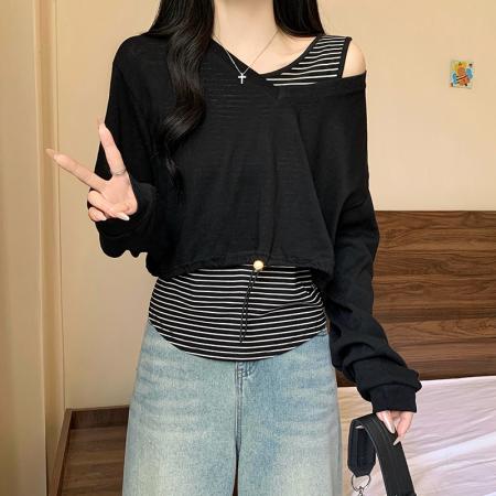 FA41994# 大码女装秋季新款胖mm韩版减龄条纹背心短款抽绳长袖套装 服裝批發女裝批發服飾貨源