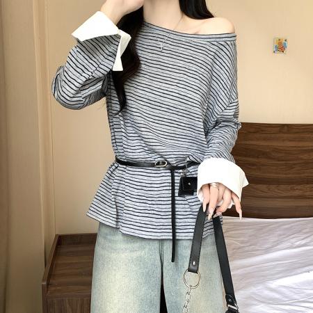 FA41995# 大码女装夏季新款胖mm韩版条纹露肩宽松长袖腰带遮肉上衣 服裝批發女裝批發服飾貨源