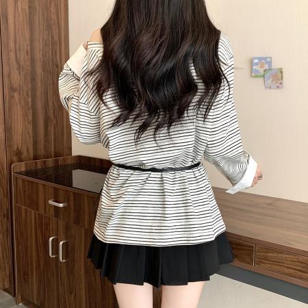 FA41995# 大码女装夏季新款胖mm韩版条纹露肩宽松长袖腰带遮肉上衣 服裝批發女裝批發服飾貨源