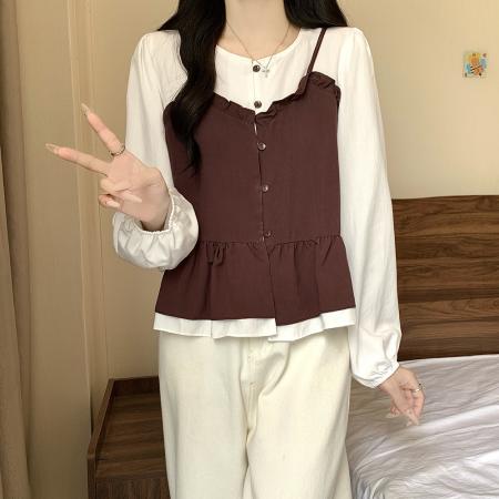 FA41996# 大码女装秋季新款胖mm拼接木耳边假两件宽松遮肉长袖上衣 服裝批發女裝批發服飾貨源