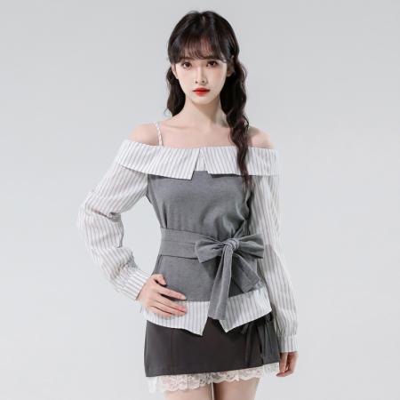 FA42003# 秋季新款一字肩拼接条纹绑带收腰假两件上衣衬衫 服裝批發女裝批發服飾貨源