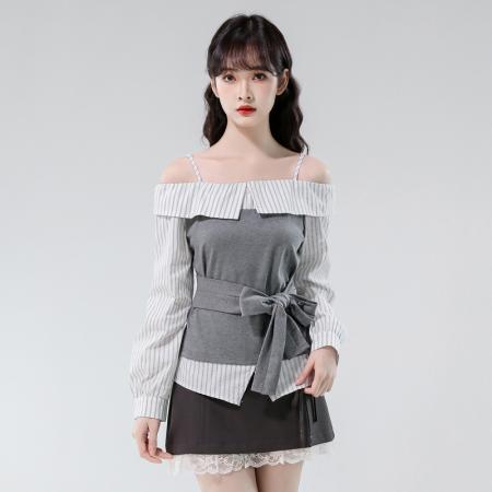 FA42003# 秋季新款一字肩拼接条纹绑带收腰假两件上衣衬衫 服裝批發女裝批發服飾貨源
