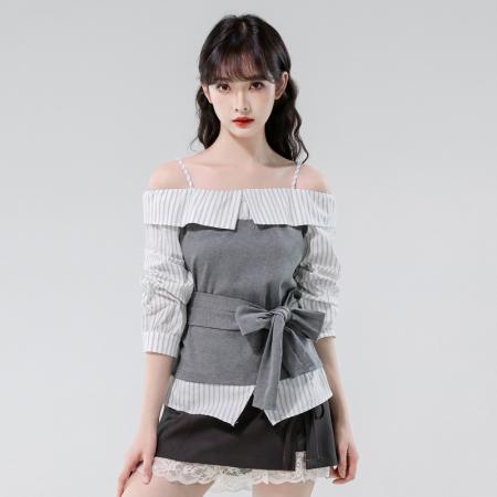 FA42003# 秋季新款一字肩拼接条纹绑带收腰假两件上衣衬衫 服裝批發女裝批發服飾貨源