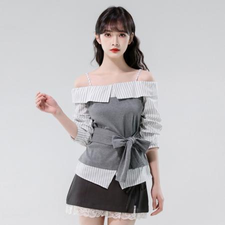 FA42003# 秋季新款一字肩拼接条纹绑带收腰假两件上衣衬衫 服裝批發女裝批發服飾貨源