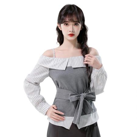 FA42003# 秋季新款一字肩拼接条纹绑带收腰假两件上衣衬衫 服裝批發女裝批發服飾貨源
