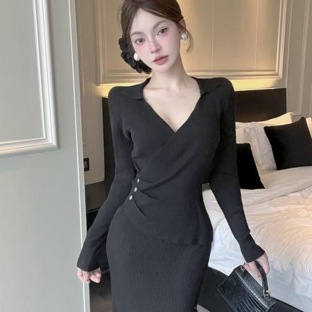 FA42005# 秋季新款赫本风V领设计感收腰针织长袖上衣鱼尾裙套装 服裝批發女裝批發服飾貨源