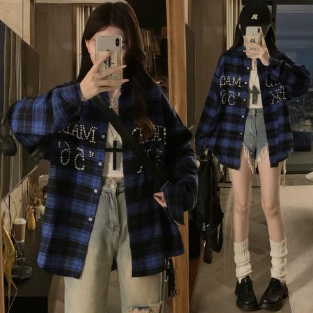 FA42009# 美式复古钉珠格子衬衫男女重工春秋新款情侣宽松外套潮 服裝批發女裝批發服飾貨源