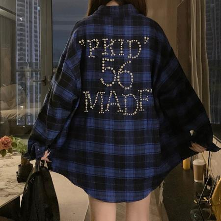 FA42009# 美式复古钉珠格子衬衫男女重工春秋新款情侣宽松外套潮 服裝批發女裝批發服飾貨源