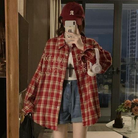 FA42009# 美式复古钉珠格子衬衫男女重工春秋新款情侣宽松外套潮 服裝批發女裝批發服飾貨源