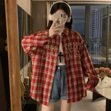 FA42009# 美式复古钉珠格子衬衫男女重工春秋新款情侣宽松外套潮 服裝批發女裝批發服飾貨源