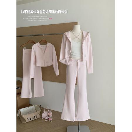 FA42012# 甜美时尚通勤修身鱼骨粉色运动休闲套装 服裝批發女裝批發服飾貨源